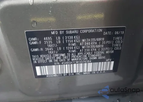 2019 Subaru Outback 2.5I Touring from USA, damaged, VIN 4S4BSATC9K3376384